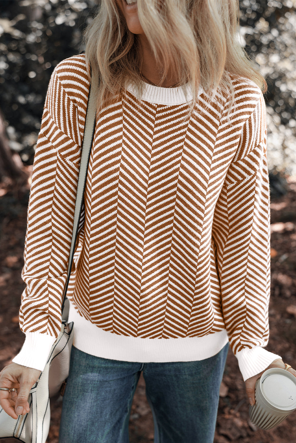 Coffee Contrast Edge Crew Neck Drop Shoulder Sweater Chic