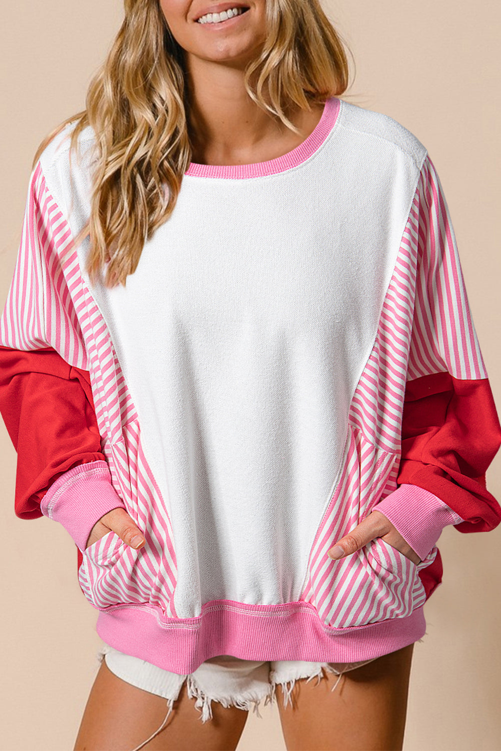 Rose Red Striped Patchwork Batwing Sleeve Pocketed Sweatshirt