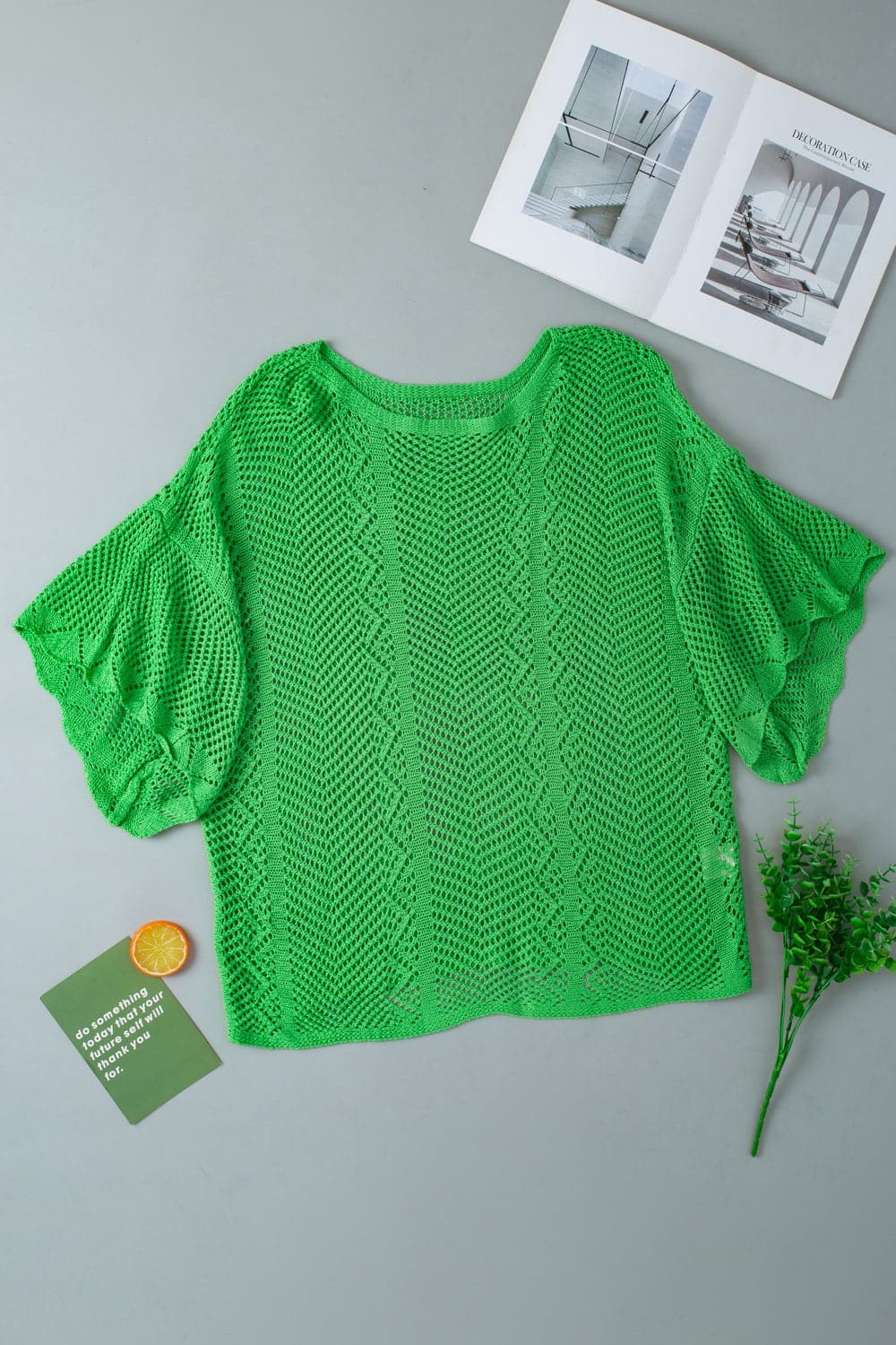 Openwork Round Neck Half Sleeve Knit Top.