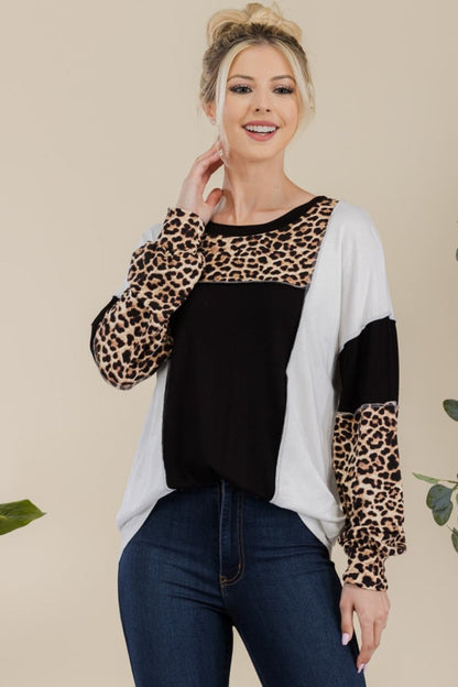 Chic leopard color block exposed seam t-shirt for all seasons