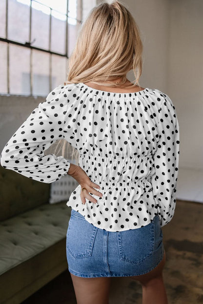 Chic Black Polka Dot Puff Sleeve Peplum Top with Bow Detail