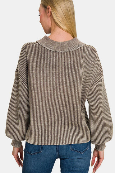 Zenana Washed Half Button Long Sleeve Sweater.