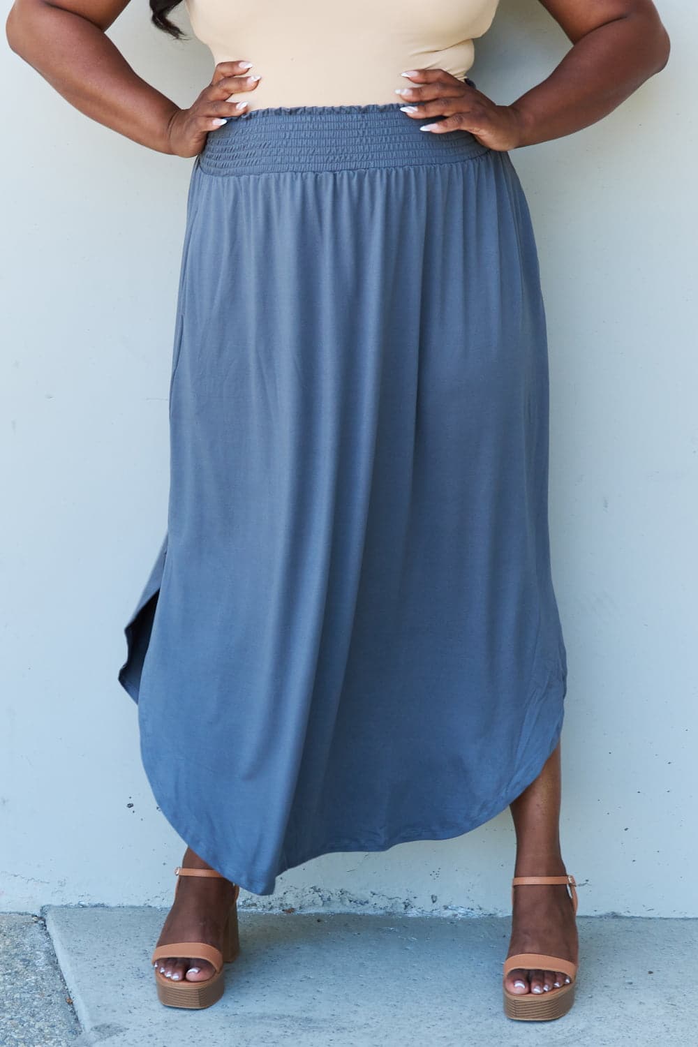 Doublju Comfort Princess Full Size High Waist Scoop Hem Maxi Skirt in Dusty Blue.