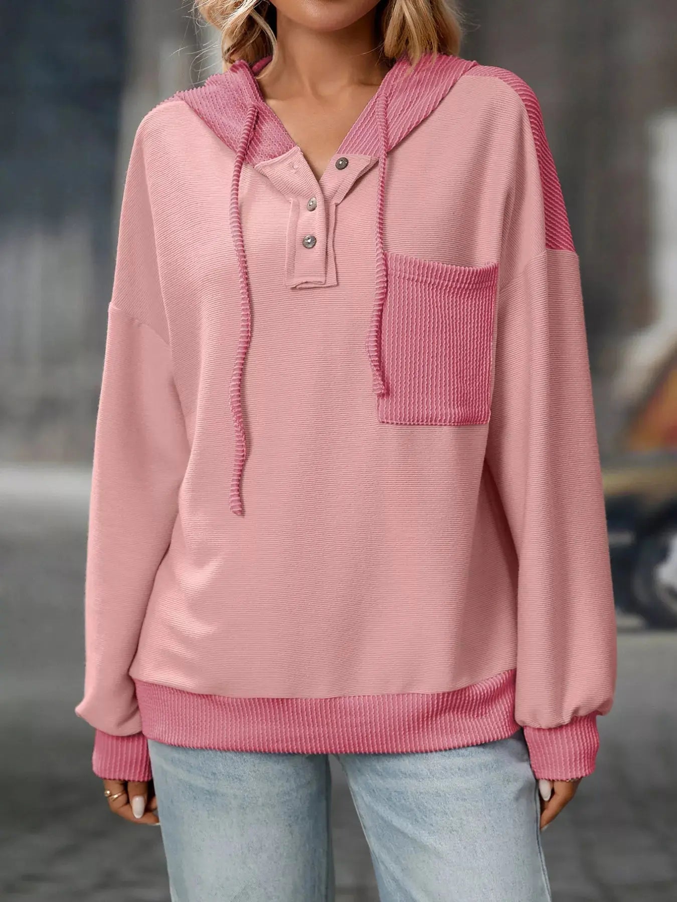 Casual Color Block Button Detail Hoodie Simply Love