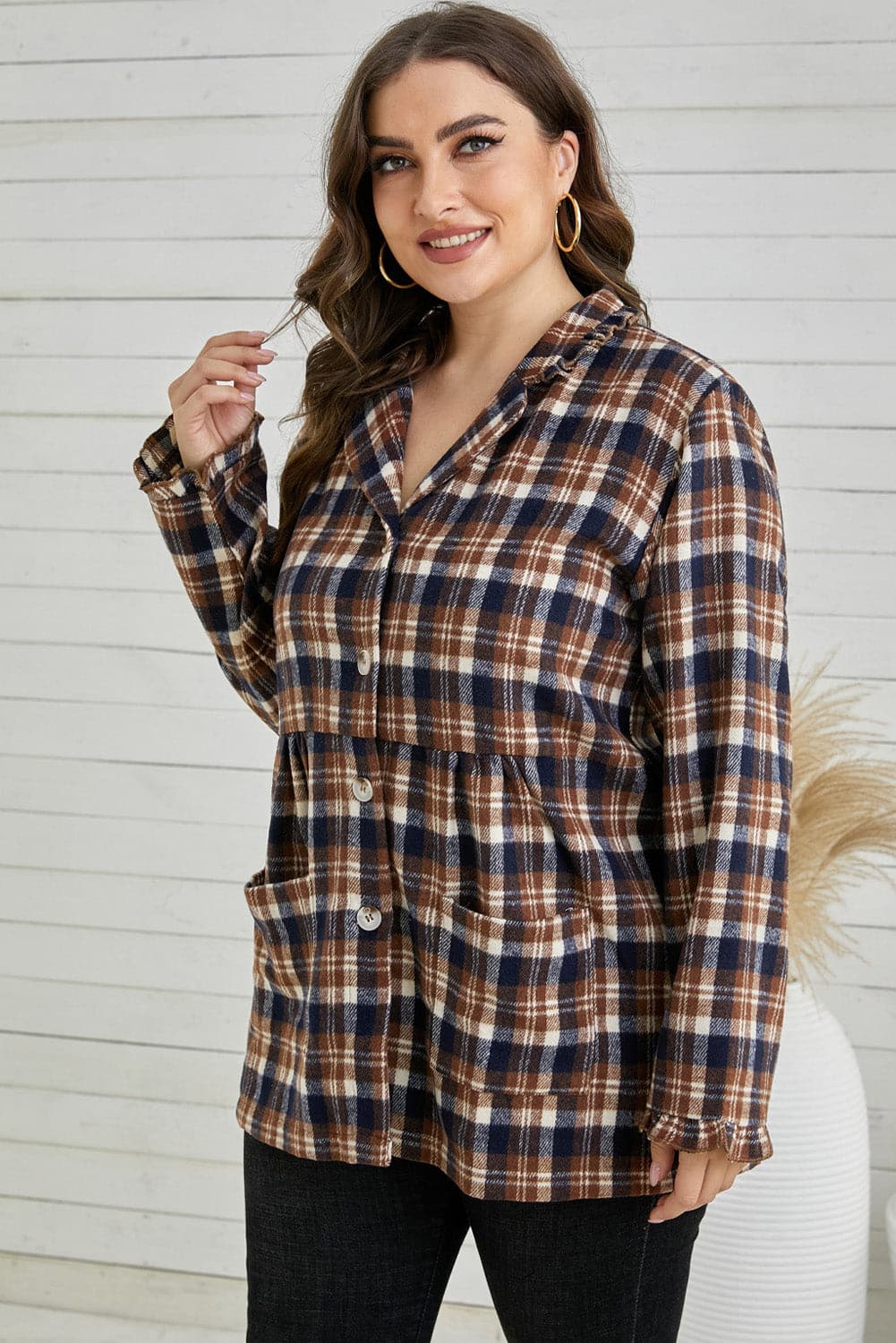 Plus Size Plaid Buttoned Collared Shacket.