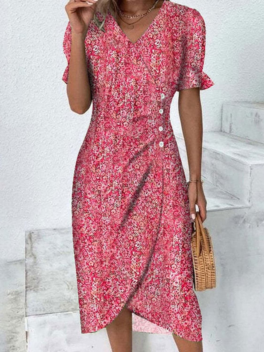 Full Size Printed Surplice Flounce Sleeve Midi Dress.