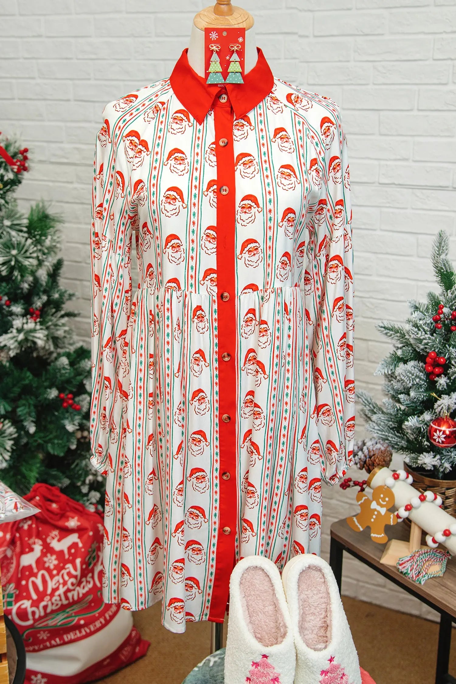 White Santa Contrast Collar Button Front Long Sleeve A Line Mini Dress Dear-Lover Dropshipping