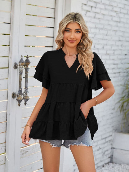 Tiered Notched Short Sleeve Blouse.