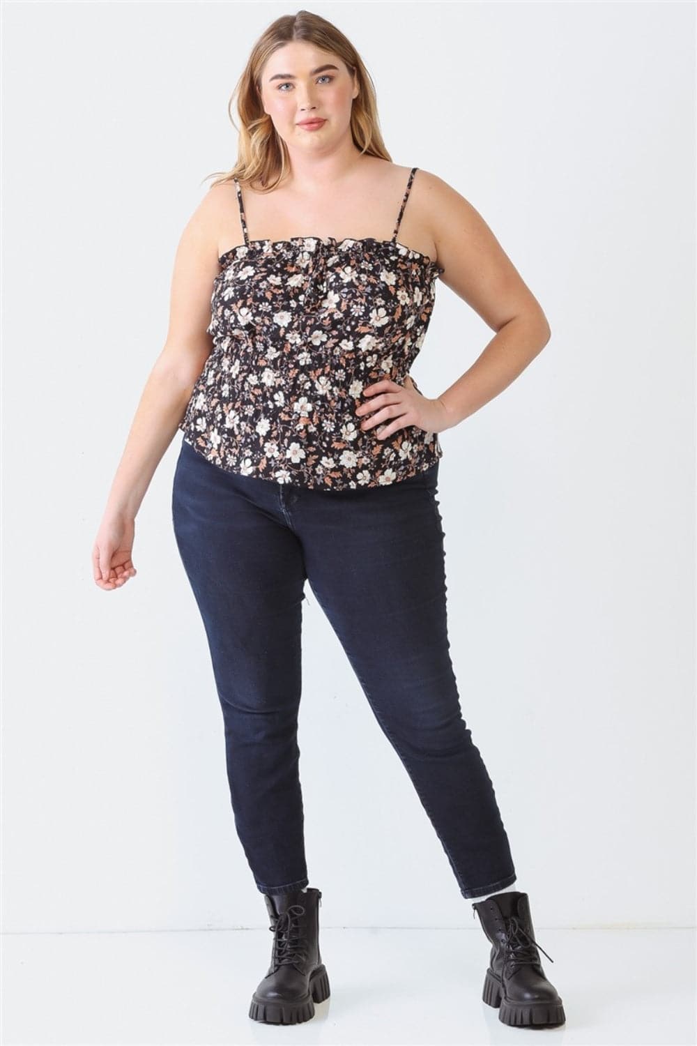 Zenobia Plus Size Frill Floral Square Neck Cami.