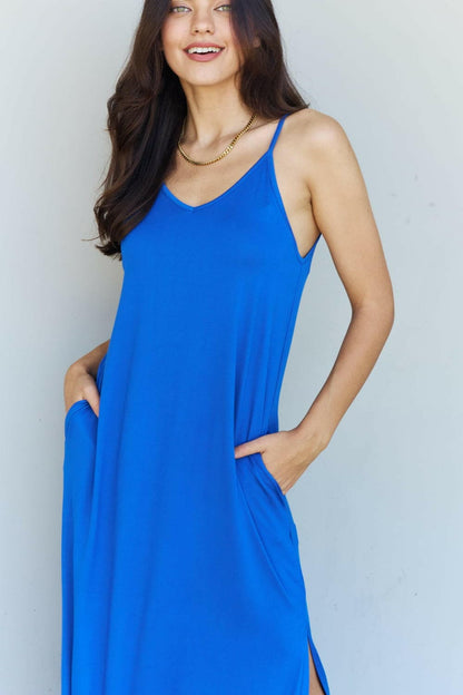 Ninexis Good Energy Full Size Cami Side Slit Maxi Dress in Royal Blue.