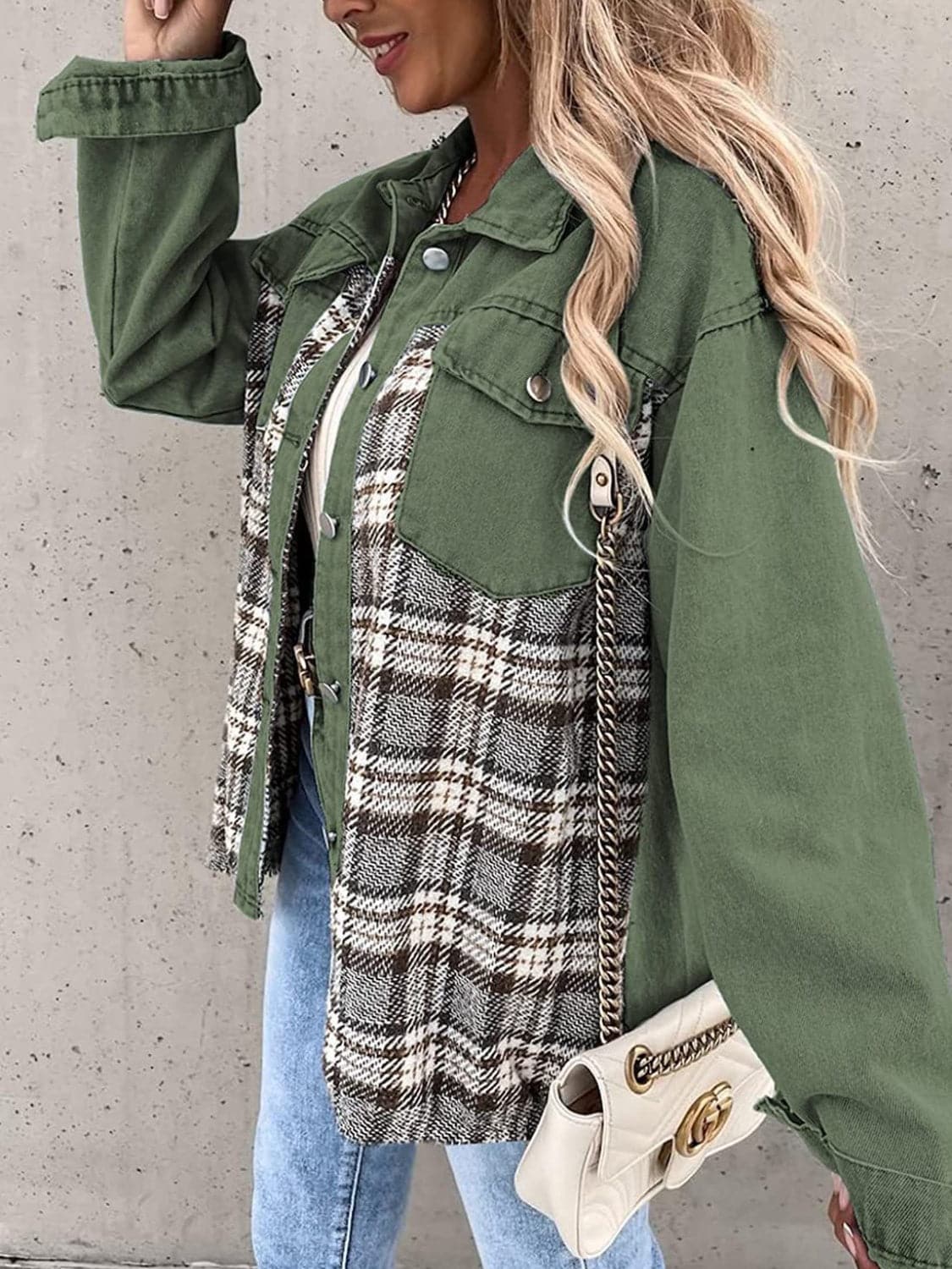 Plaid Button Up Dropped Shoulder Jacket.