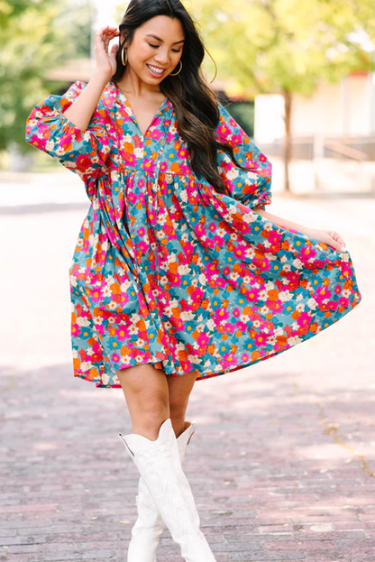 Charming sky blue floral babydoll dress with bubble sleeves and tie neckline