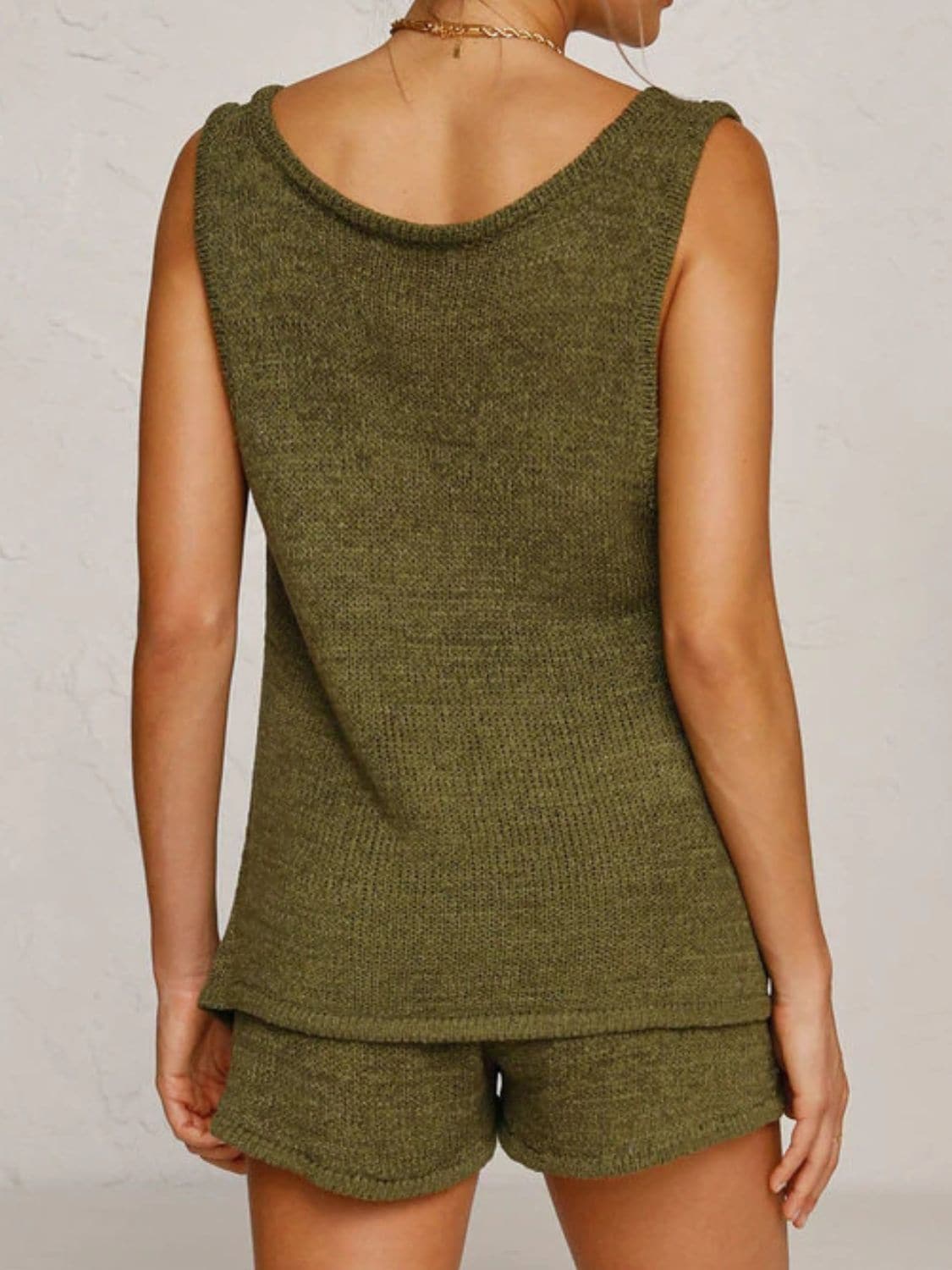 V-Neck Sleeveless Top and Drawstring Shorts Sweater Set.