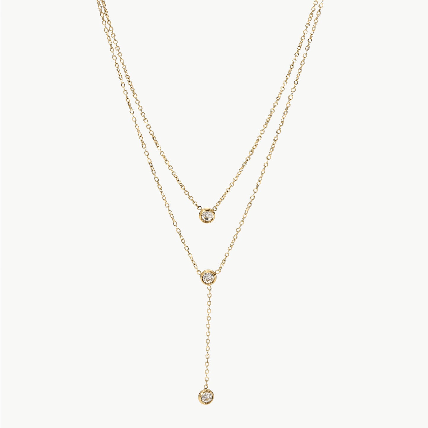 Stainless Steel Zircon Double-Layered Necklace.