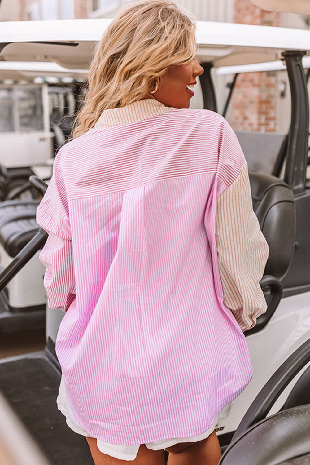 Chic pink striped colorblock plus size shirt