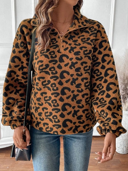 Leopard print zip-up long sleeve sweatshirt