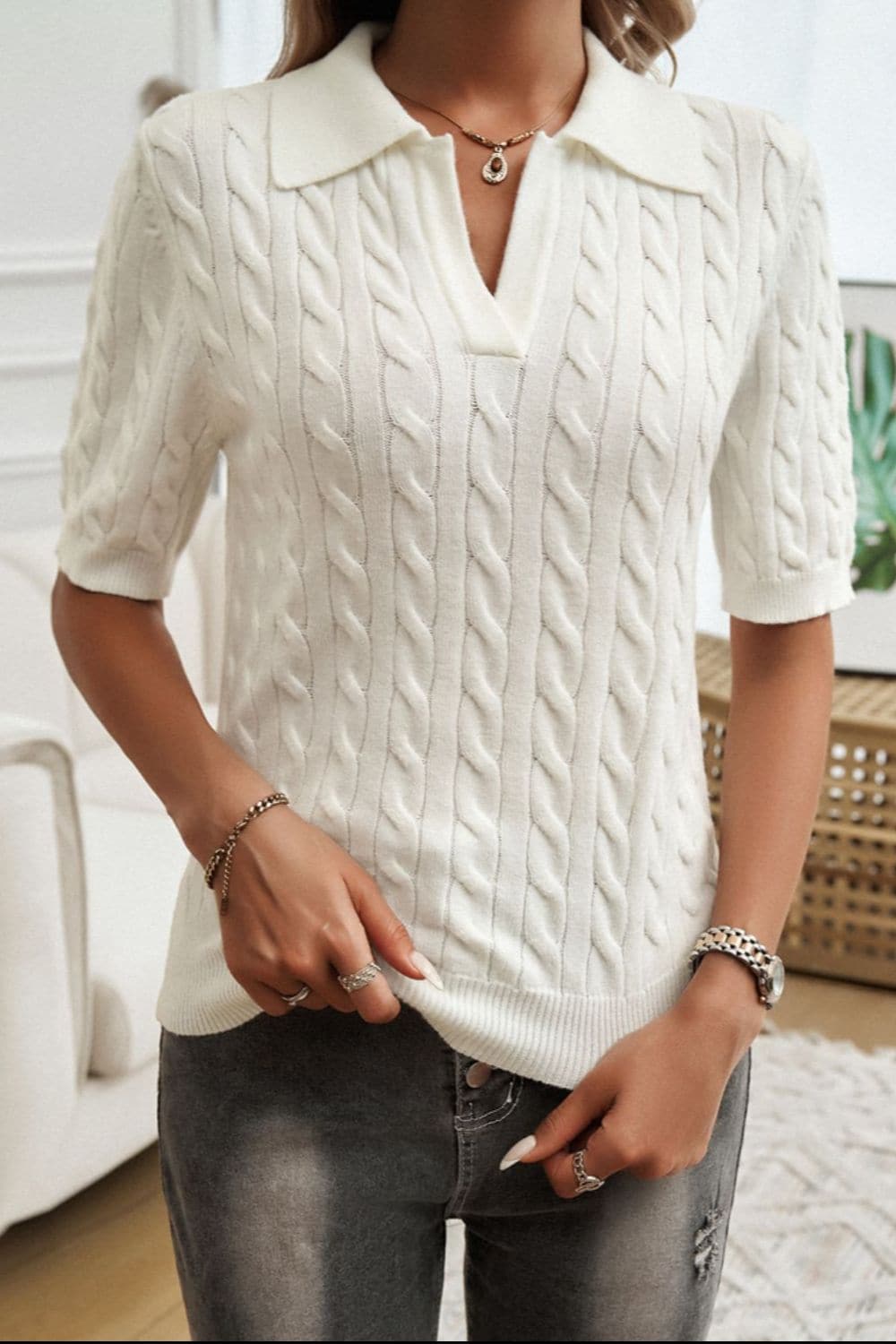 Cable-Knit Short Sleeve Sweater.