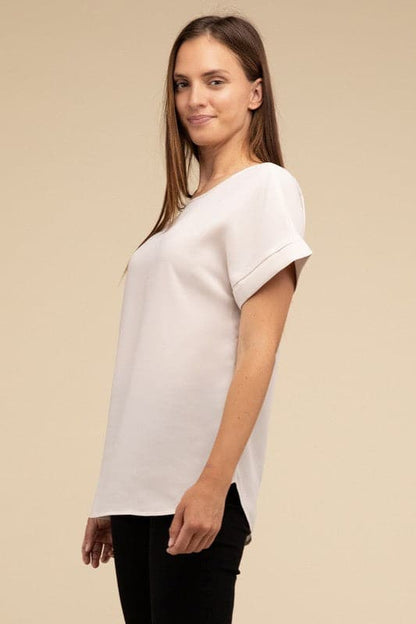 Woven Heavy Dobby Rolled Sleeve Boat Neck Top.