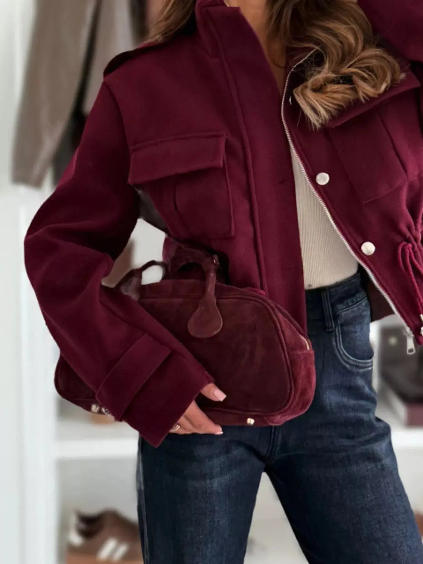 Drawstring Button-Up Casual Jacket Simply Love