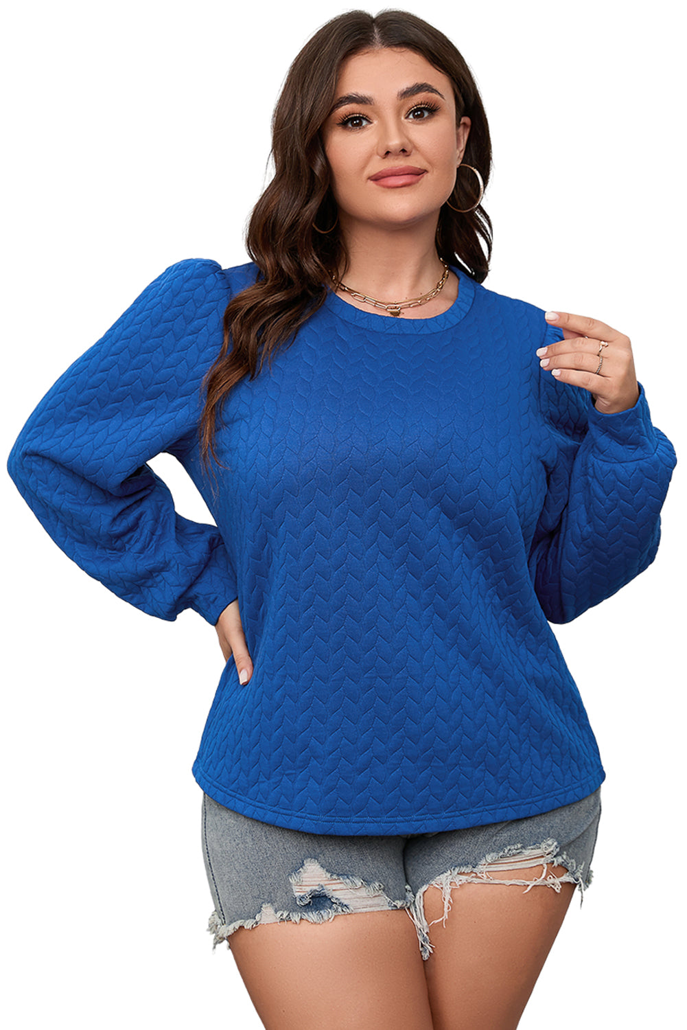 Chic dark blue cable knit puff sleeve top for plus size fashion