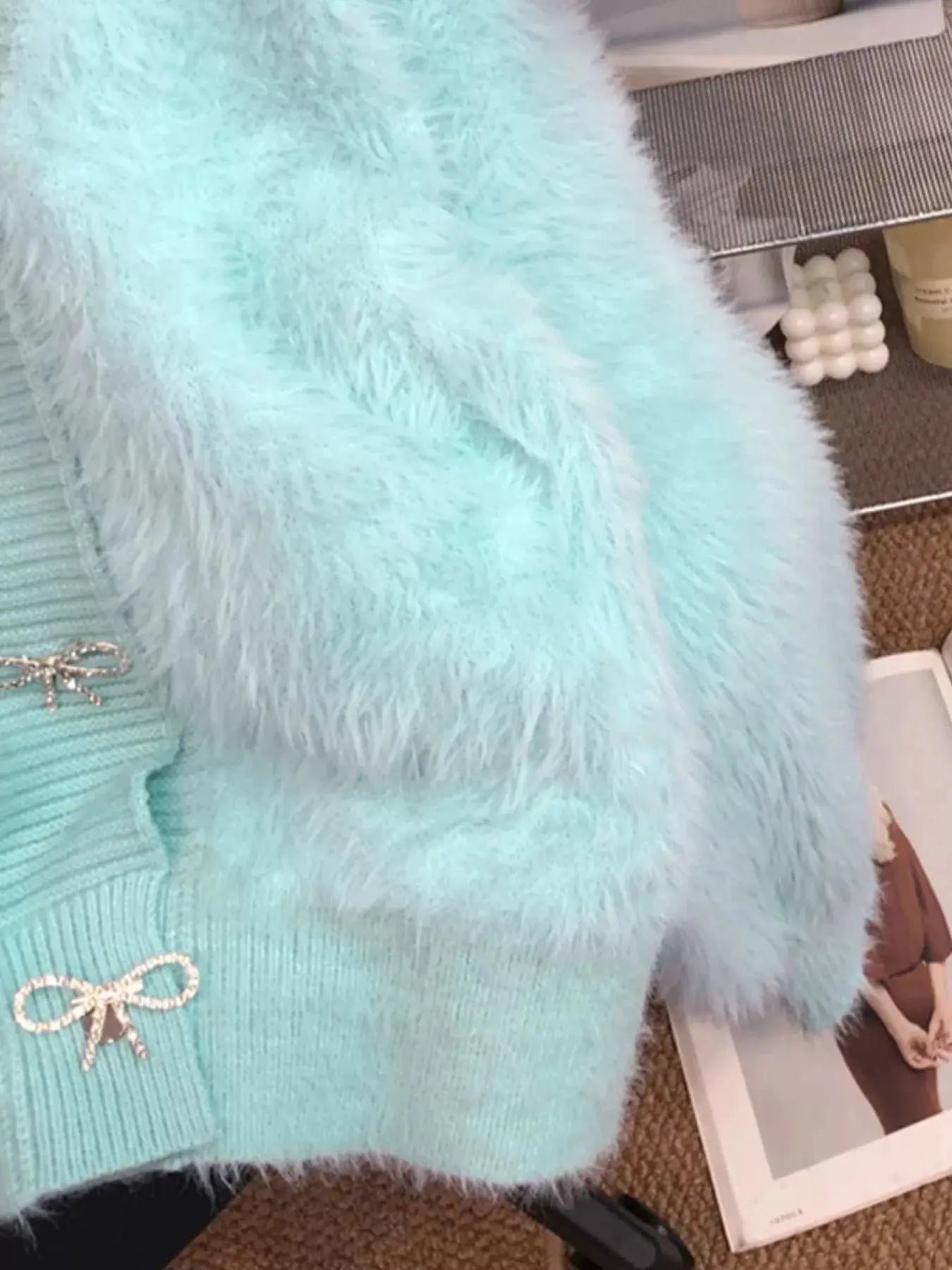 Fuzzy Bow Button Up Cardigan Simply Love