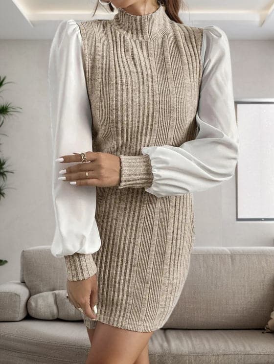 Ribbed Contrast Long Sleeve Sweater Dress.