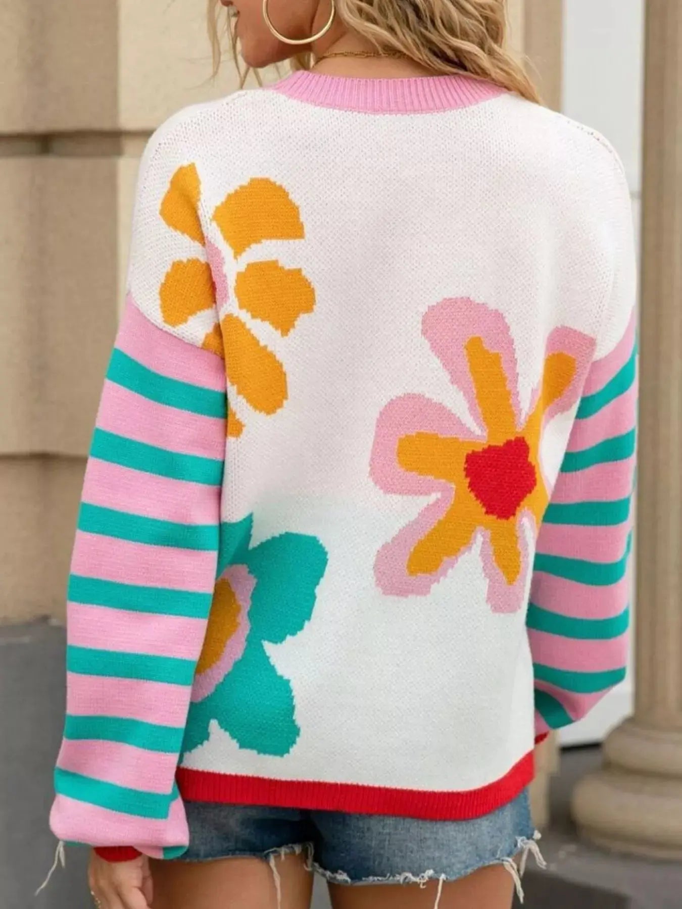 Floral Striped Crew Neck Sweater Simply Love