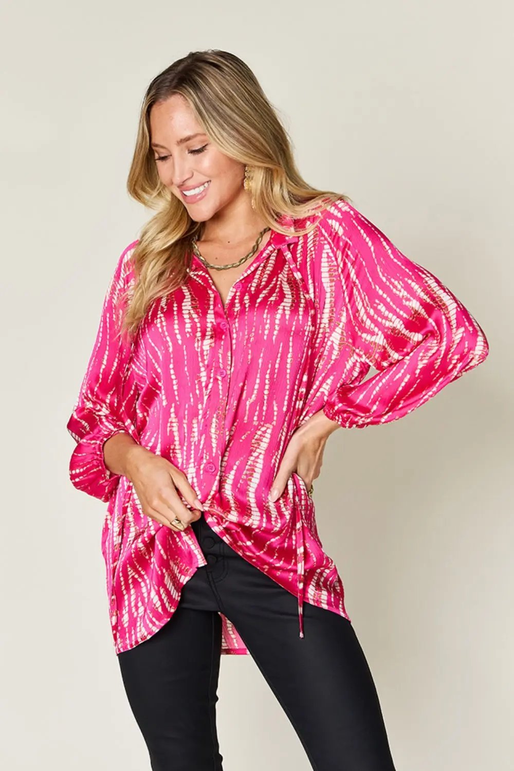 Double Take Full Size Printed Button Up Long Sleeve Shirt - Love Salve