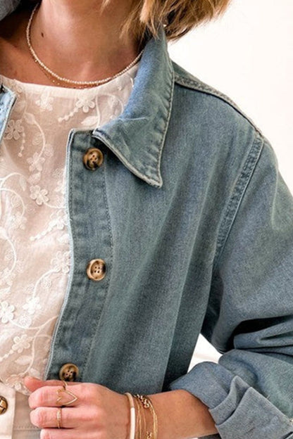 Pocketed Button Up Long Sleeve Denim Jacket.