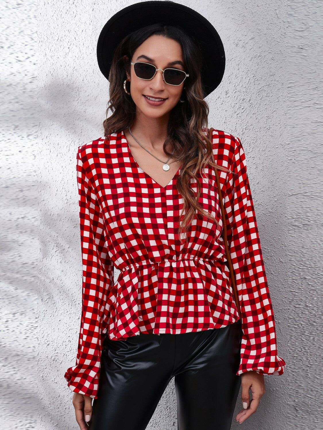 Plaid V-Neck Balloon Sleeve Peplum BlouseStay Chic with Our Plaid V-Neck Balloon Sleeve Peplum Blouse
 Enhance your wardrobe with our stylish Plaid V-Neck Balloon Sleeve Peplum Blouse that effortlessly combLove Salve -Neck Balloon Sleeve Peplum BlouseBlouses