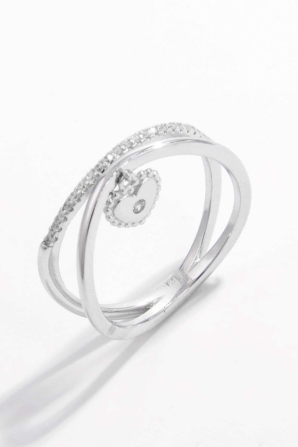 925 Sterling Silver Zircon Heart Charm Ring.