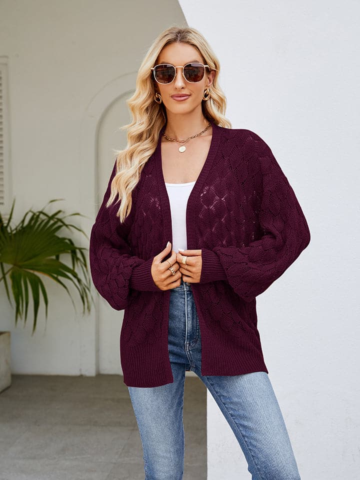 Openwork Open Front Lantern Sleeve Cardigan.