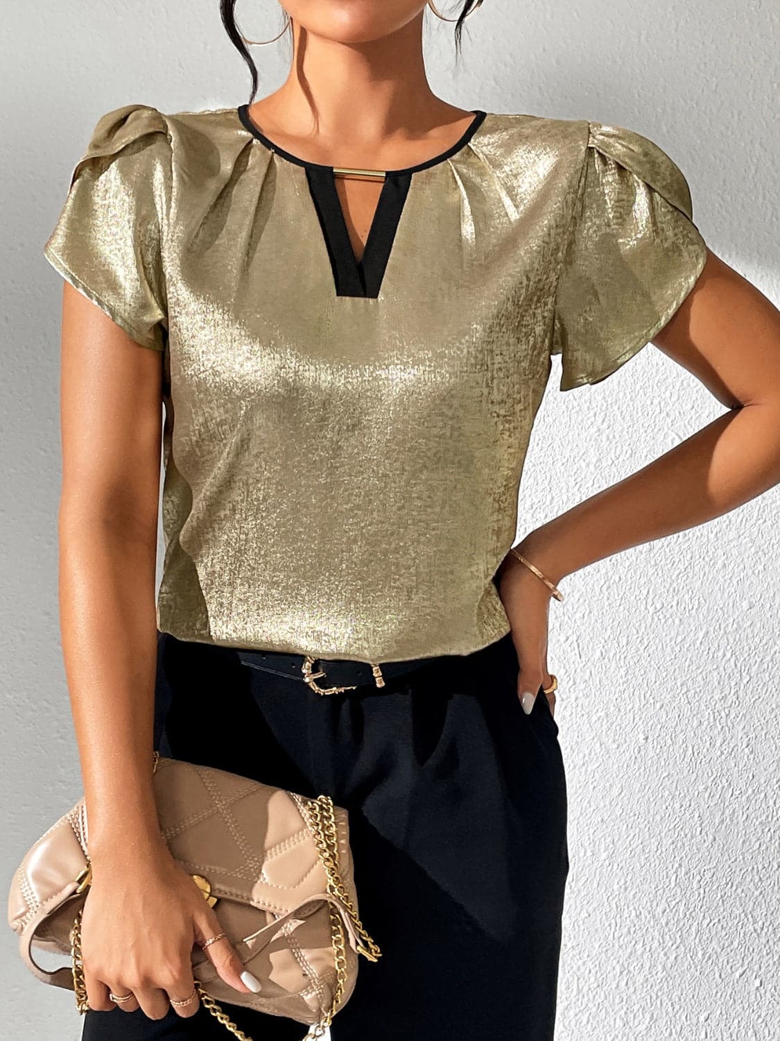 Cutout Round Neck Short Sleeve Blouse.