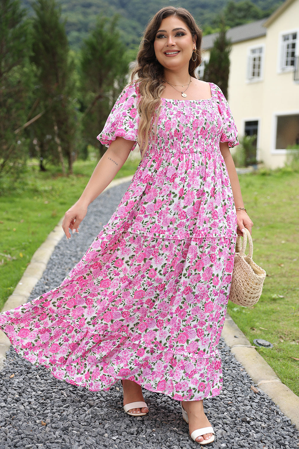 Chic pink floral plus size smocked maxi dress with puff sleeves