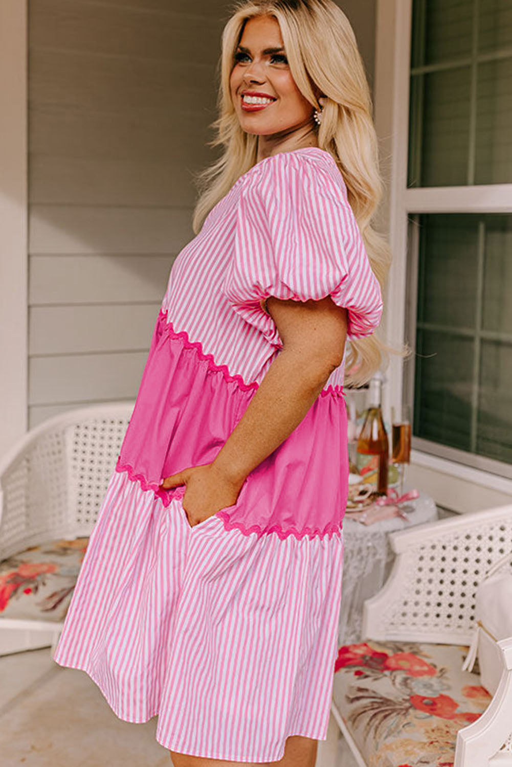 Chic pink striped block puff sleeve plus size dress