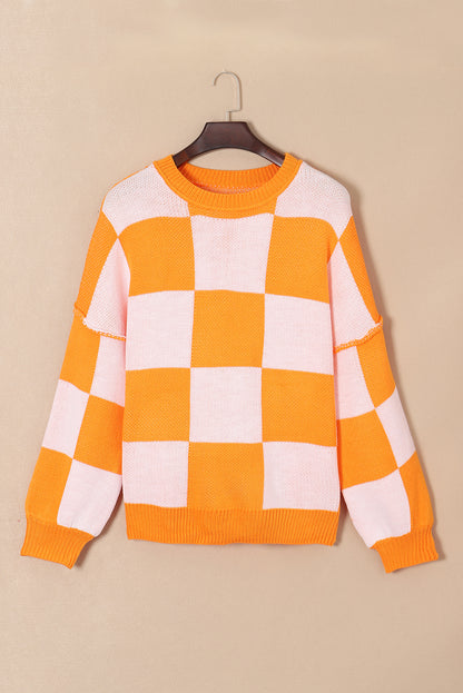 Chic orange checkered bishop sleeve knit sweater