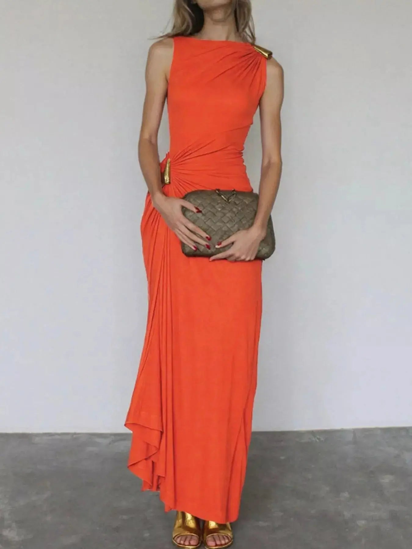 Draped Sleeveless Bodycon Maxi Dress with Metal Decorative Simply Love