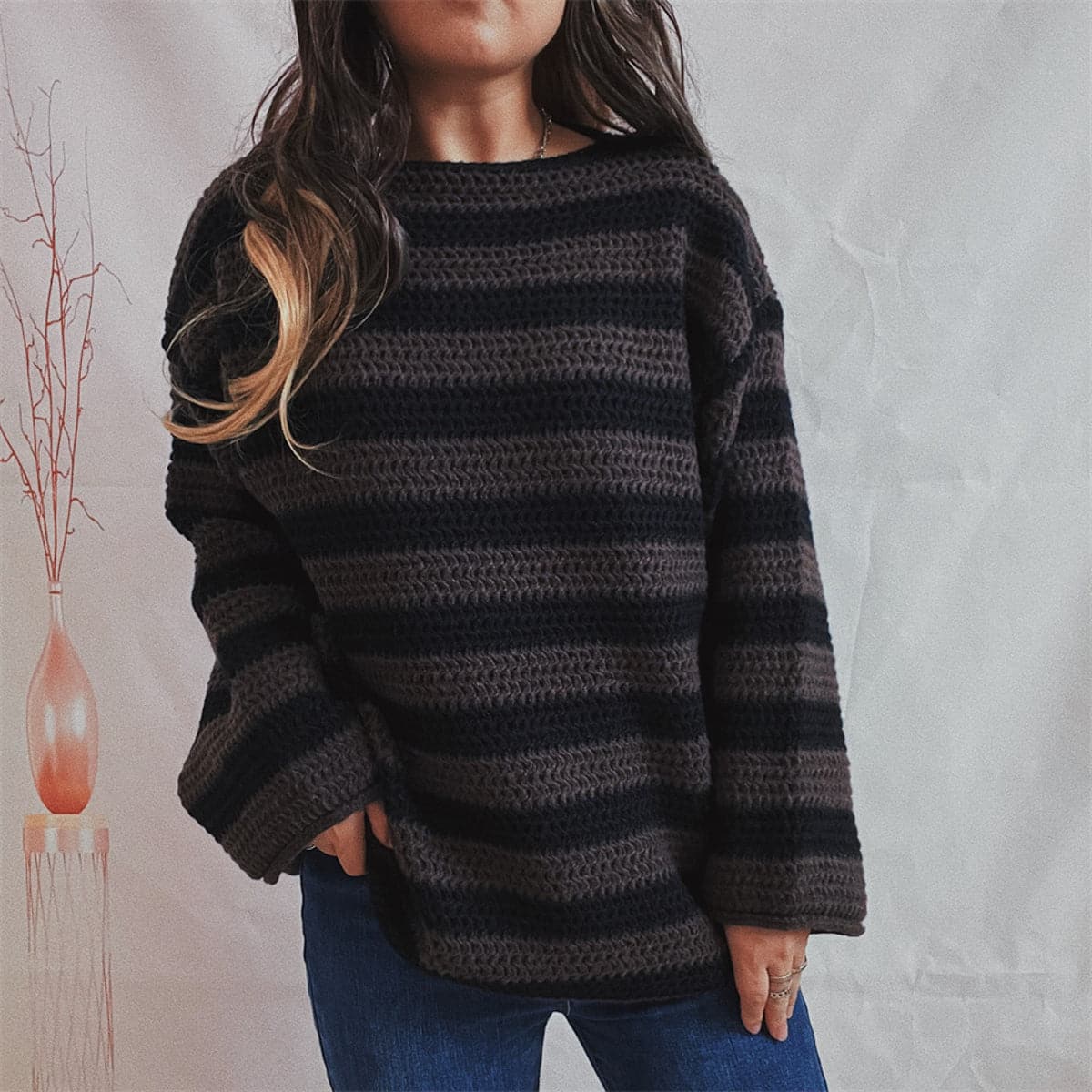 Striped Round Neck Long Sleeve Sweater.