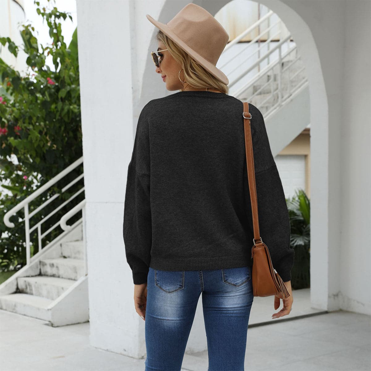 Round Neck Long Sleeve Drop Shoulder Sweater.