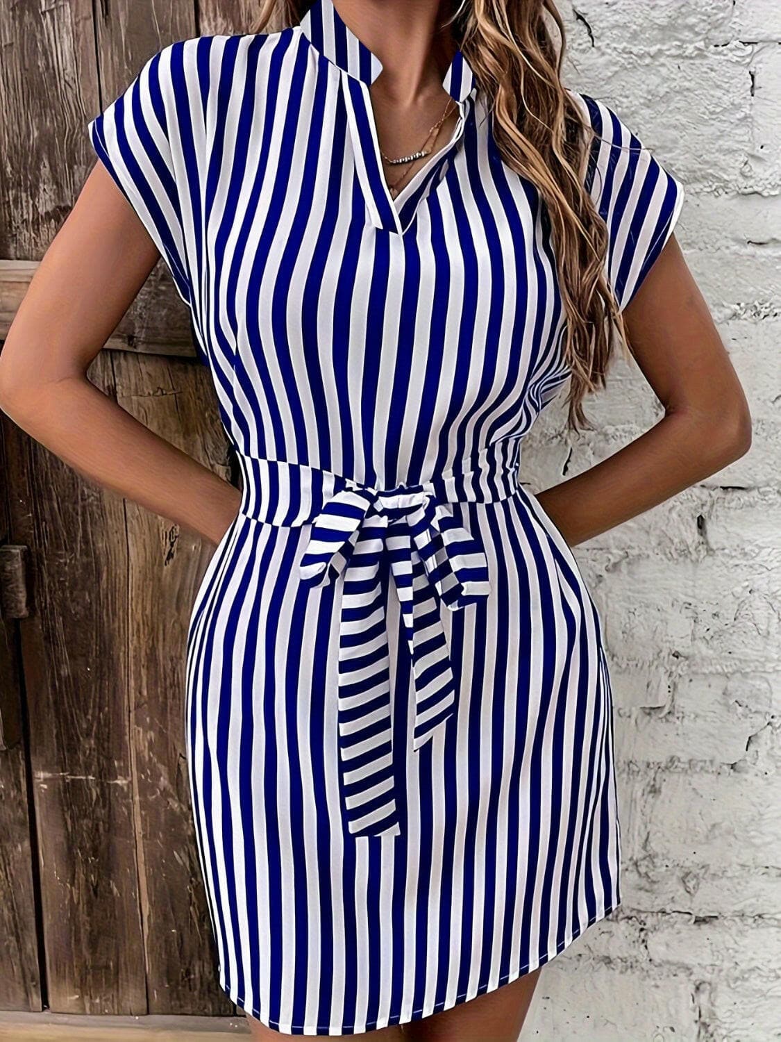 Tied Striped Cap Sleeve Mini Dress.