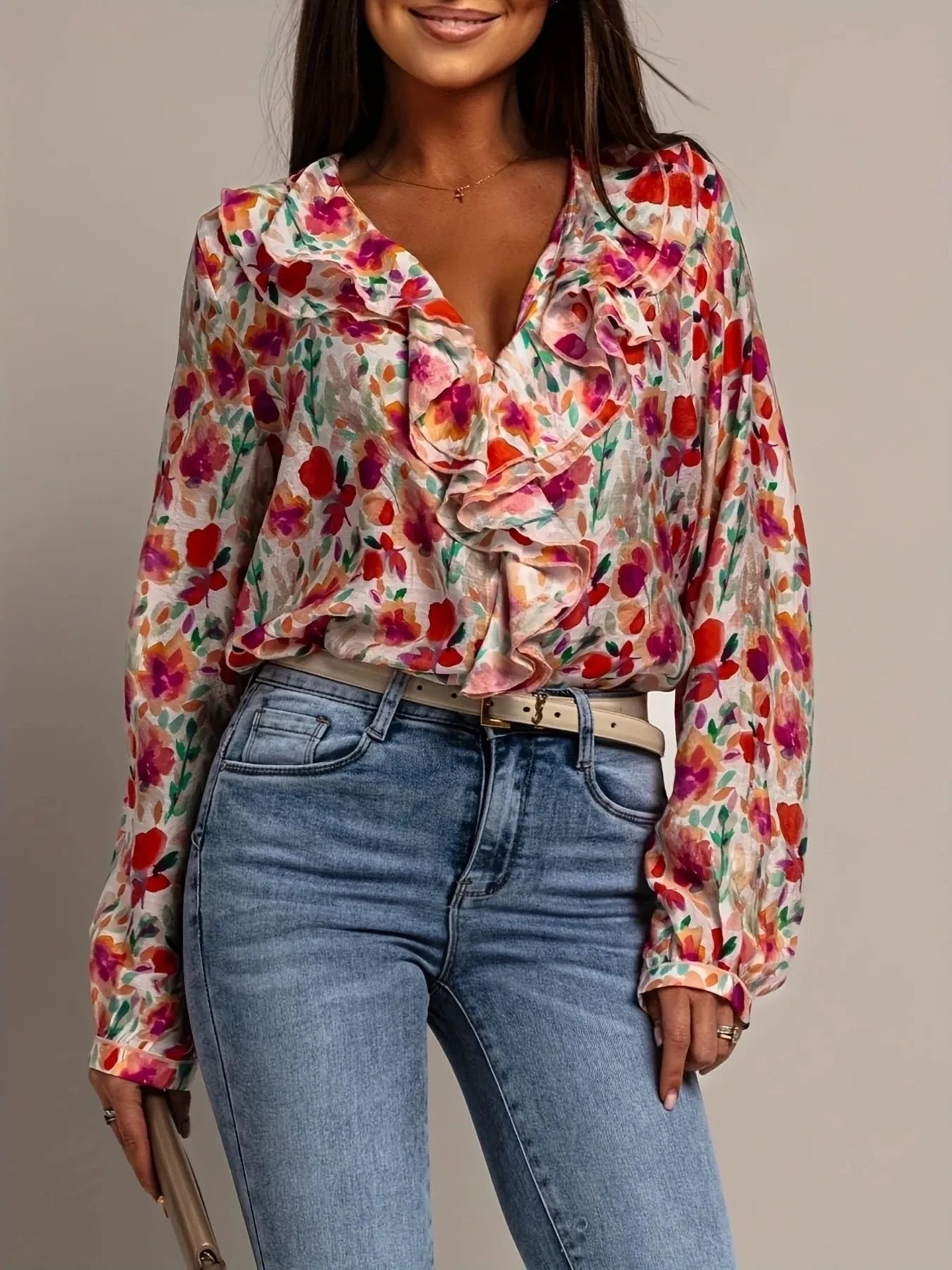 Floral Print Ruffle V-Neck Long Sleeve Blouse Coco’s Tee Boutique