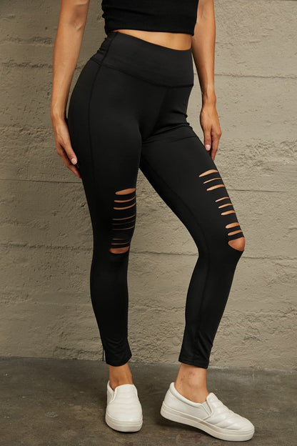 Double Take Wide Waistband Distressed Slim Fit Leggings.