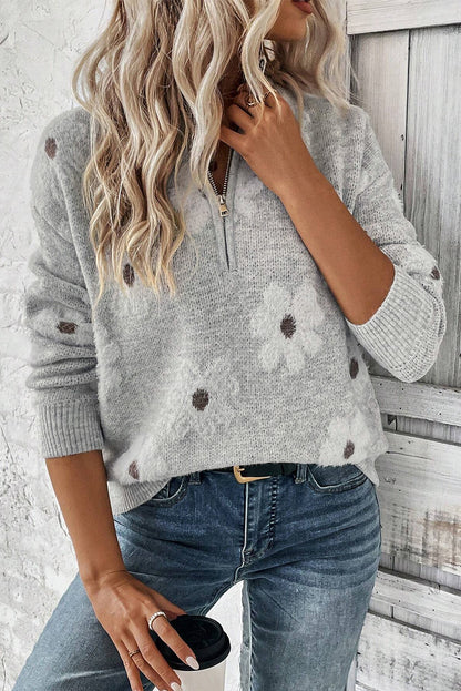 Elegant gray plus size floral embroidered half zip sweater