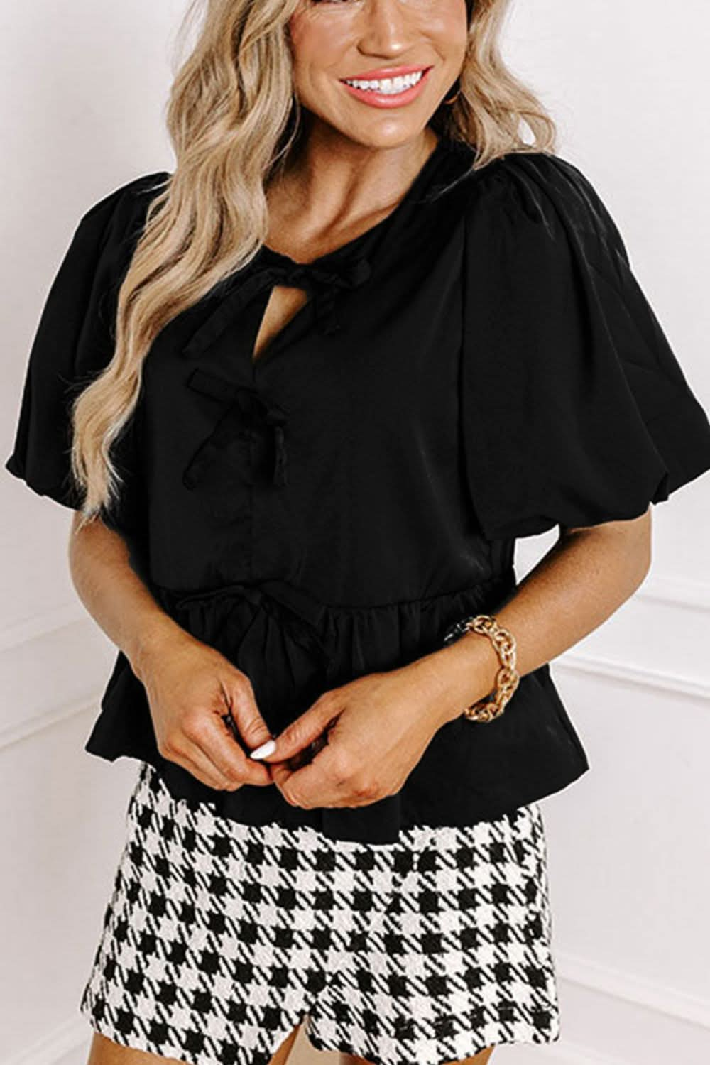 Chic Cutout Puff Sleeve Blouse with Round Neck