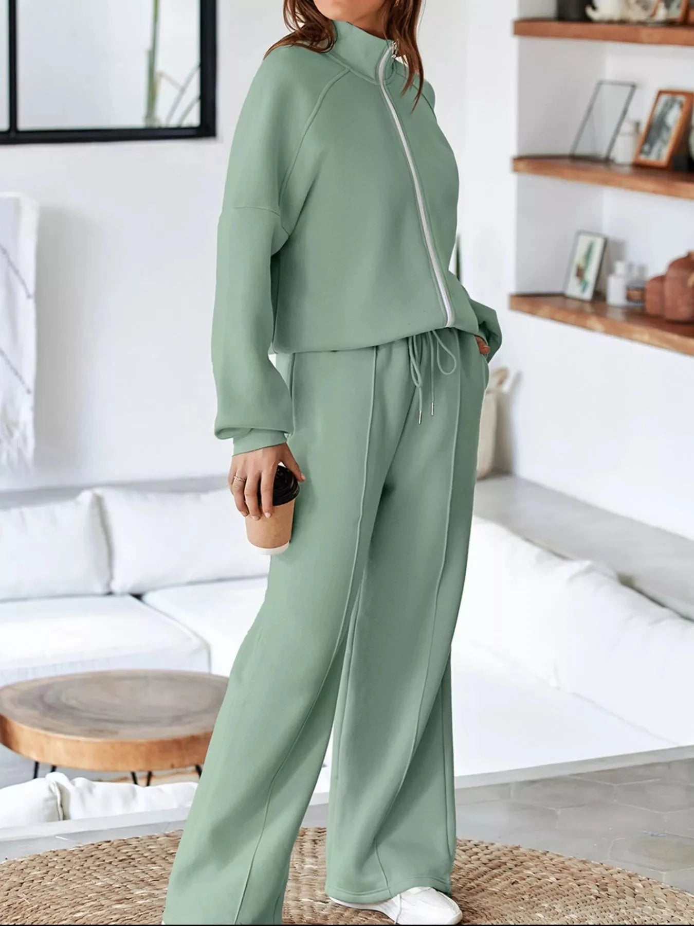 Drop Shoulder Zip Up Jacket and Drawstring Pants Active 2pcs Set Coco’s Tee Boutique