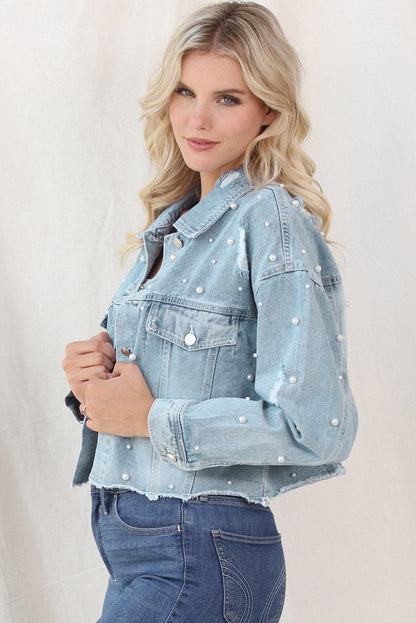 Distressed Pearl Trim Button Up Denim Jacket.