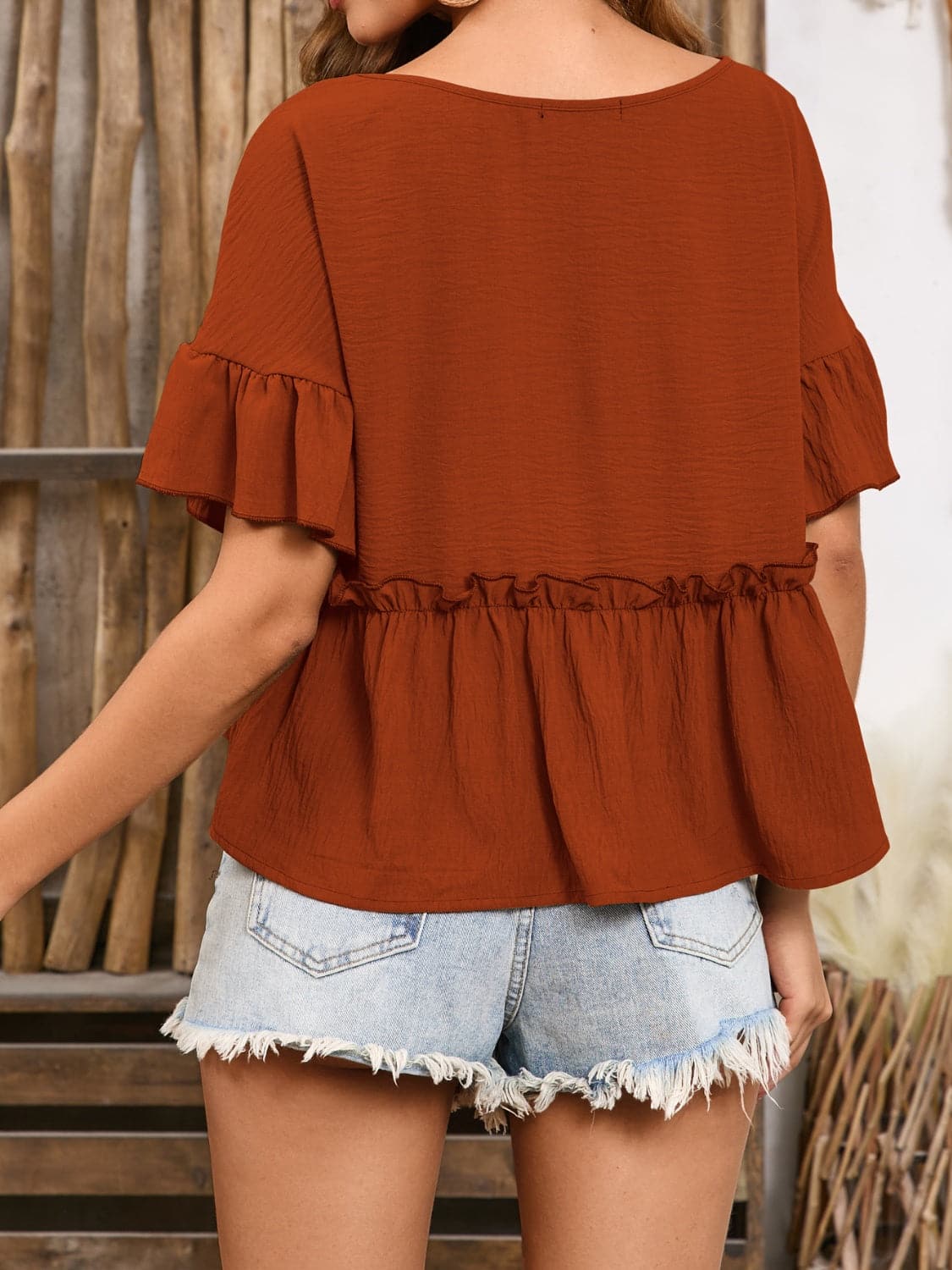 Frill Decorative Button Round Neck Half Sleeve Blouse.