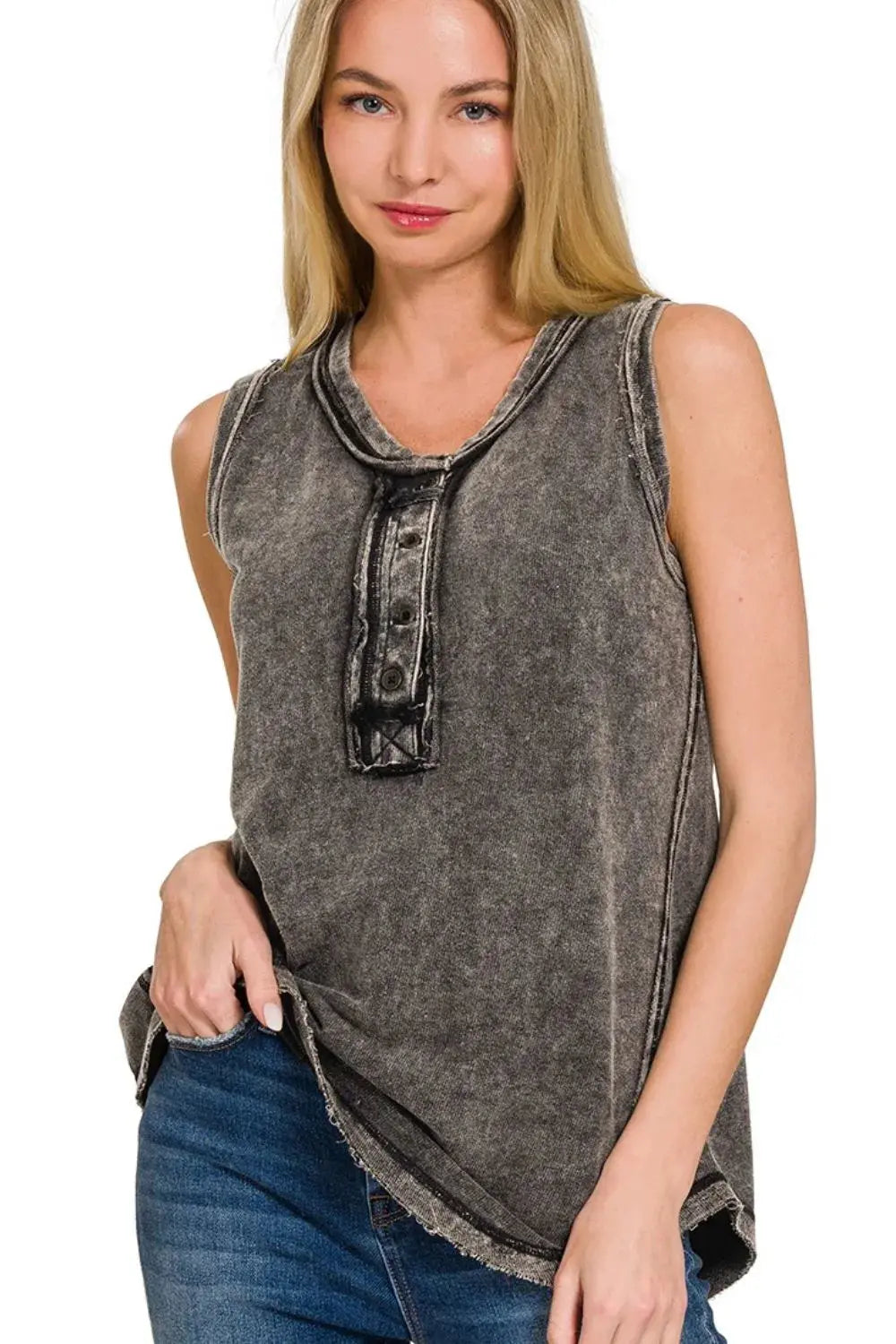 Zenana Washed Half-Button Raw Edge Sleeveless Henley Top - Love Salve 