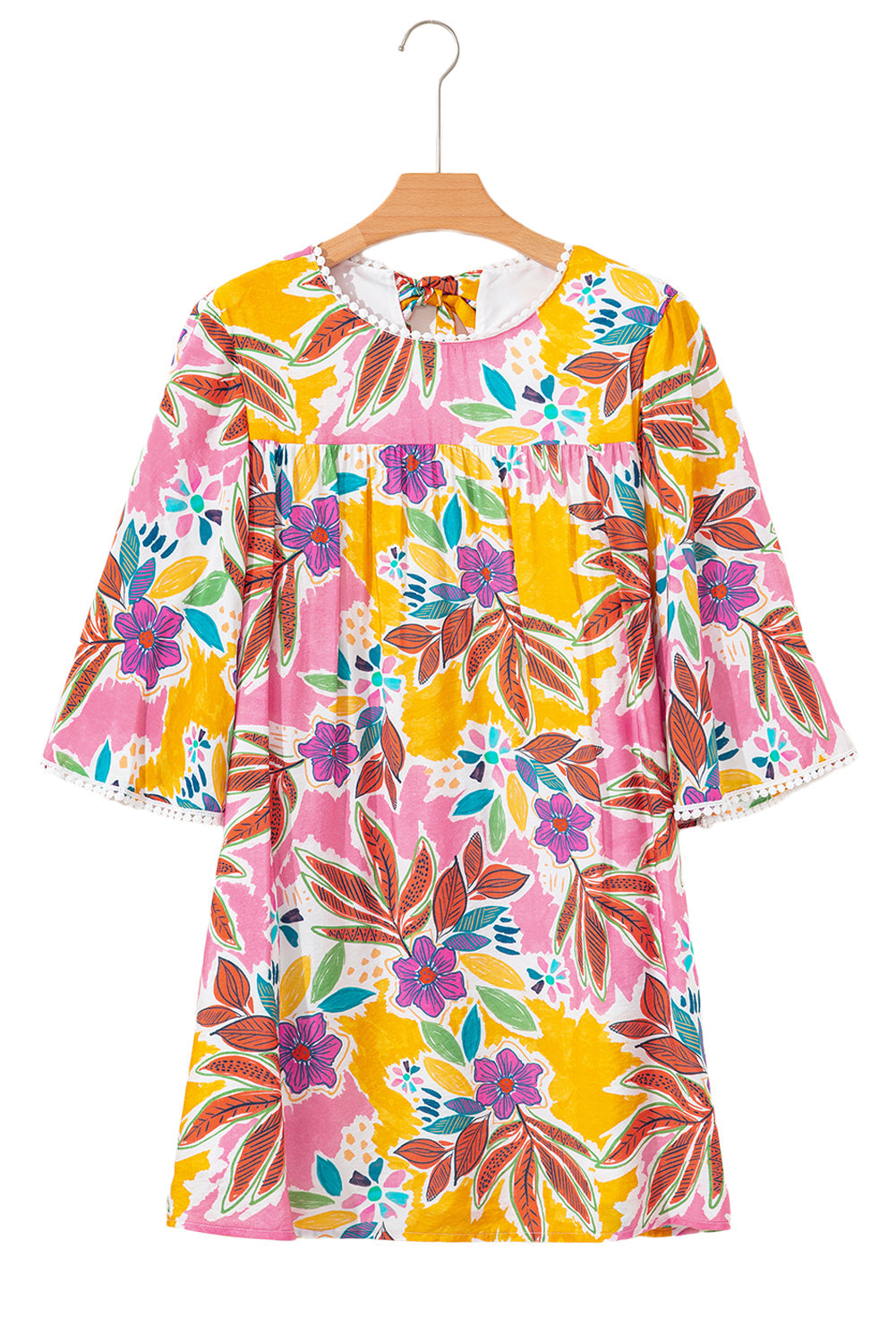 Premium Pink Floral Print Lace Trimmed Tie Back Bell Sleeve Dress Dear-Lover Dropshipping