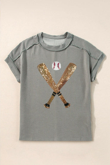 Sequin Baseball Round Neck Short Sleeve T-Shirt.